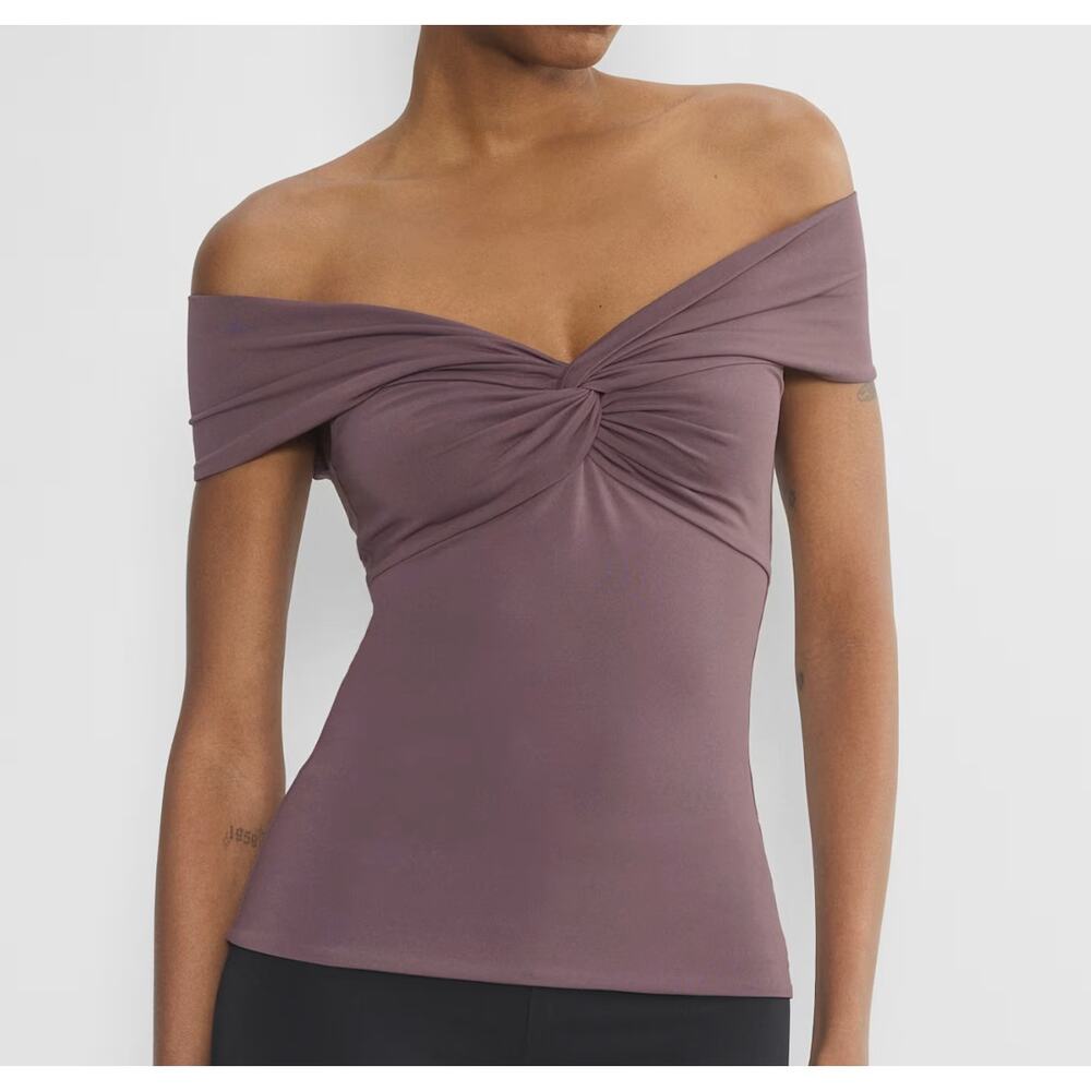 NEW Aritzia Contour Twist Top Blouse Off Shoulder Smoked Eggplant Purple 2XS